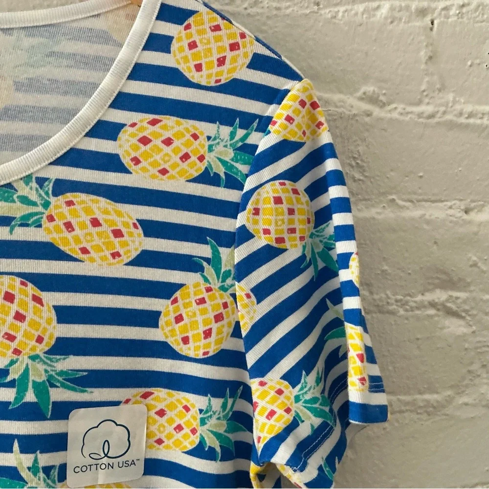 NWT Womens Blue Striped Top 100% Cotton Yellow Pineapple Print Tropical Summer L - Picture 4 of 11